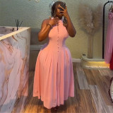 Hanging neck sleeveless waist cinched mid length dress