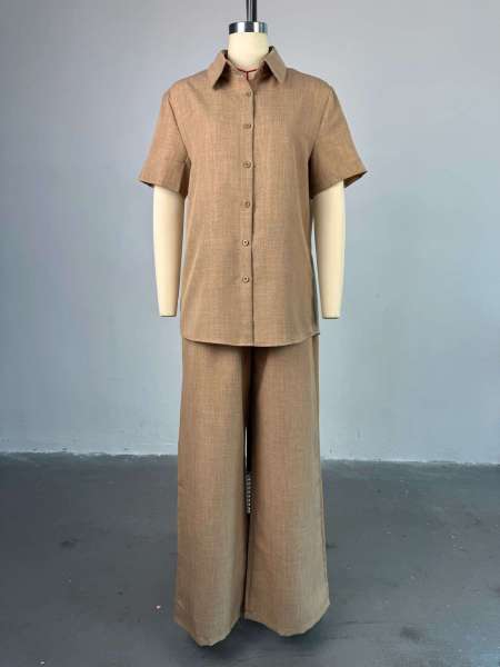 Collar loose short sleeved shirt wide leg long pants set