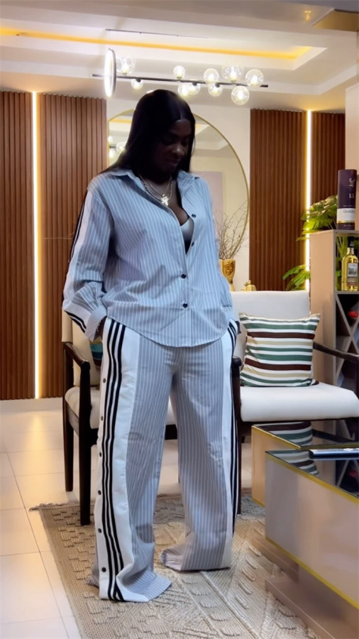 Collar striped long sleeved shirt, wide leg long pants set