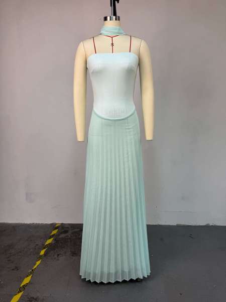 Strapless high waisted pleated dress, long skirt