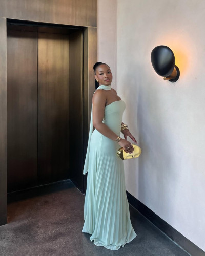 Strapless high waisted pleated dress, long skirt