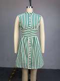 Striped stand up collar sleeveless single breasted shirt skirt short skirt