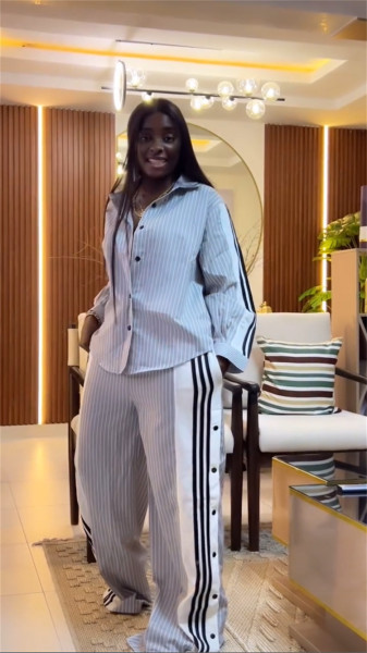 Collar striped long sleeved shirt, wide leg long pants set