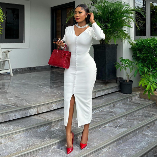 Nail bead V-neck high waisted one step skirt with slit dress