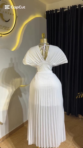 Crimson V-neck bat sleeve high waisted A-line dress long skirt