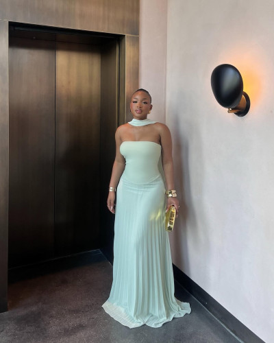 Strapless high waisted pleated dress, long skirt