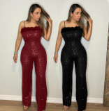 Strap top woolen strip patchwork sequin jumpsuit