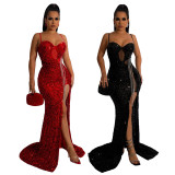 Slips, sleeveless sequin dress, slit long skirt