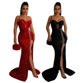 Slips, sleeveless sequin dress, slit long skirt