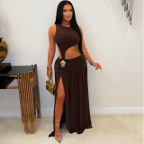 Sleeveless open cut dress with exposed navel