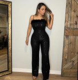 Strap top woolen strip patchwork sequin jumpsuit