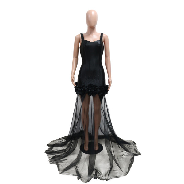 Strap flower mesh dress with patchwork long skirt, sexy suspender with rhinestones wrapped around the buttocks