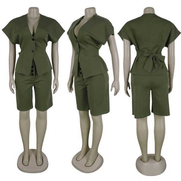 Two piece set with shoulder sleeves, waist cinching straps, and mid length pants