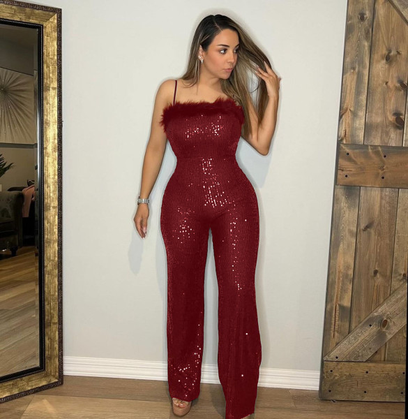 Strap top woolen strip patchwork sequin jumpsuit