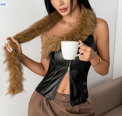 PU leather chest wrapped fishbone corset waist cinching vest