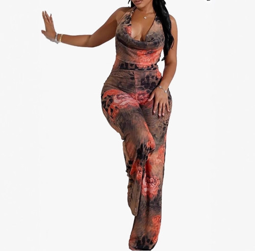 Leopard print flower positioning print neck jumpsuit