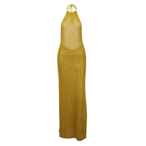 Sleeveless slit dress with knitted hollow suspender and exposed back and shoulder long skirt