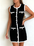 Knitted pearl button sleeveless vest short skirt dress