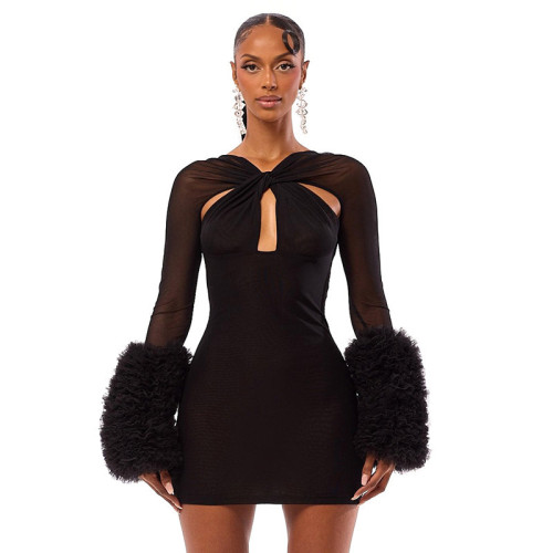 Mesh cross hollow plush sleeve wrapped hip dress