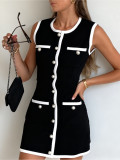 Knitted pearl button sleeveless vest short skirt dress