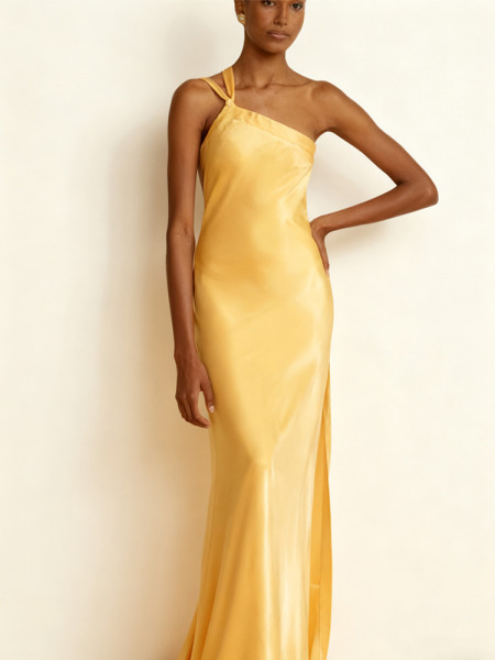 Sleeveless diagonal collar dress with exposed back and hollowed out waist cinching long skirt