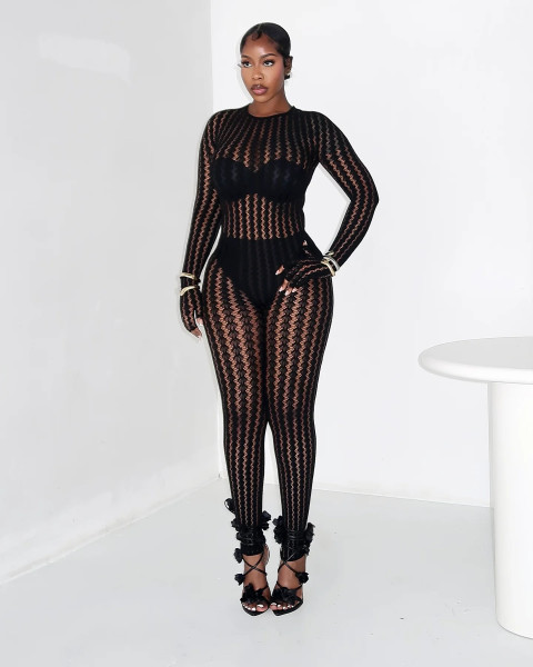 Sexy jumpsuit with sheer stockings, tight fitting and sensual, seductive jumpsuit