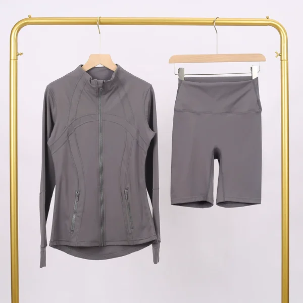 Slim fit elastic quick drying stand up collar jacket, cropped pants, yoga clothes, fitness suit