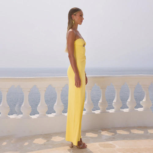 Strapless skirt with one shoulder patchwork metal color beach dress