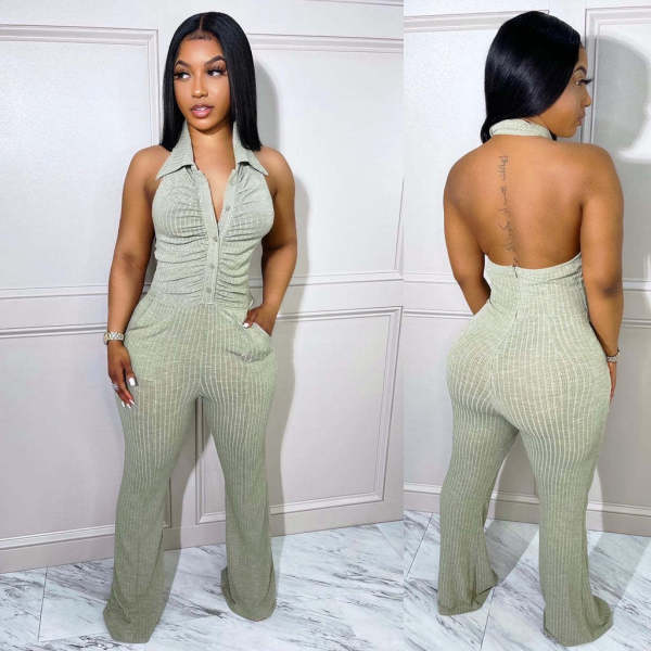 Backless hanging neck pullover woolen jumpsuit