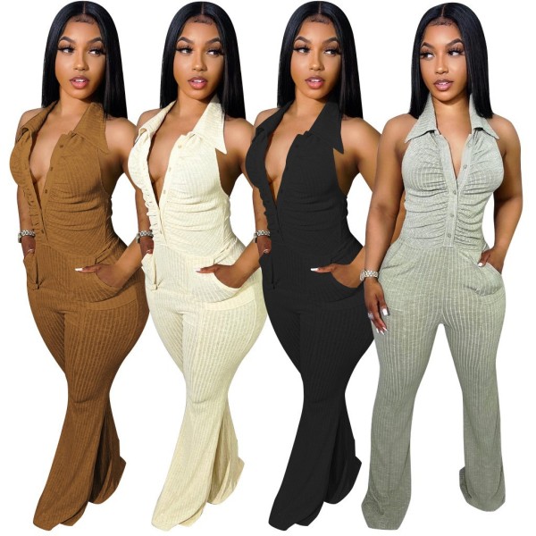 Backless hanging neck pullover woolen jumpsuit