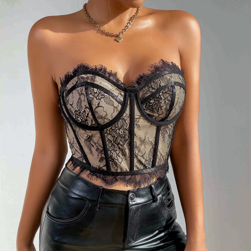Steel ring fishbone slim fit waist cinching lace strapless vest