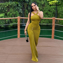 Cross neck solid color pleated fish tail dress