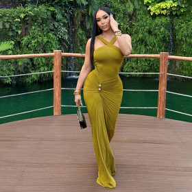 Cross neck solid color pleated fish tail dress