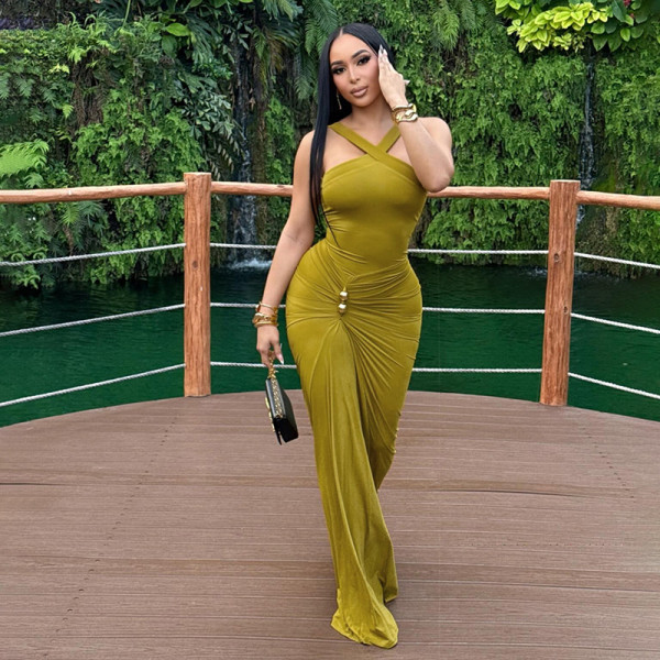 Cross neck solid color pleated fish tail dress