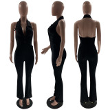 Backless hanging neck pullover woolen jumpsuit