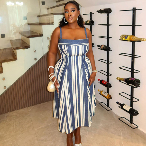 Strap strapless striped dress with a large swing