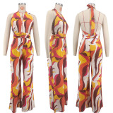 Sleeveless backless strap deep V-wide leg jumpsuit