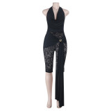 Lace semi transparent ribbon hanging neck jumpsuit