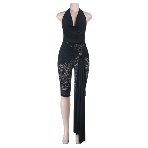 Lace semi transparent ribbon hanging neck jumpsuit
