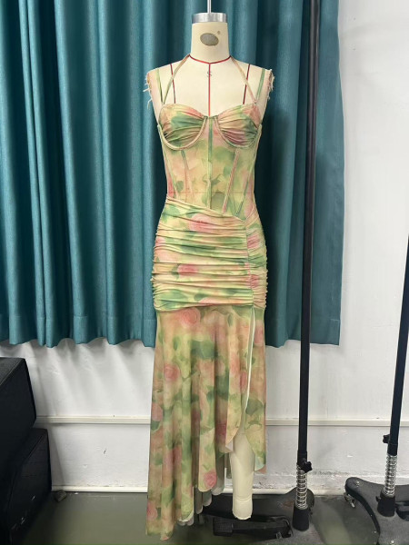 Printed floral camisole dress with sexy slit steel ring fishbone dress