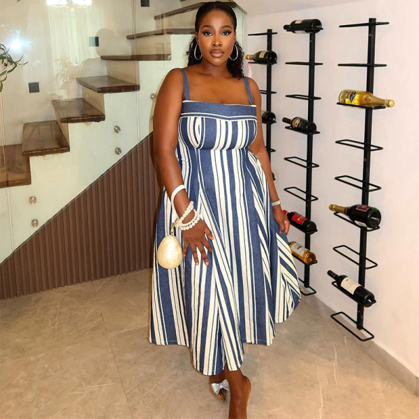 Strap strapless striped dress with a large swing