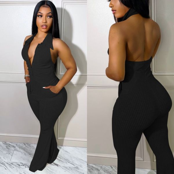 Backless hanging neck pullover woolen jumpsuit
