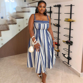 Strap strapless striped dress with a large swing