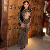 Hollow out design striped hip skirt hanging neck collar long sleeved printed dress