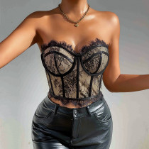 Steel ring fishbone slim fit waist cinching lace strapless vest