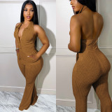 Backless hanging neck pullover woolen jumpsuit