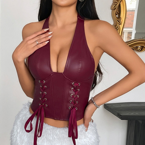 PU leather neck hanging sexy strap tight waistband vest top
