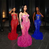 Strapless strap, see through hip hugging lace patchwork long skirt