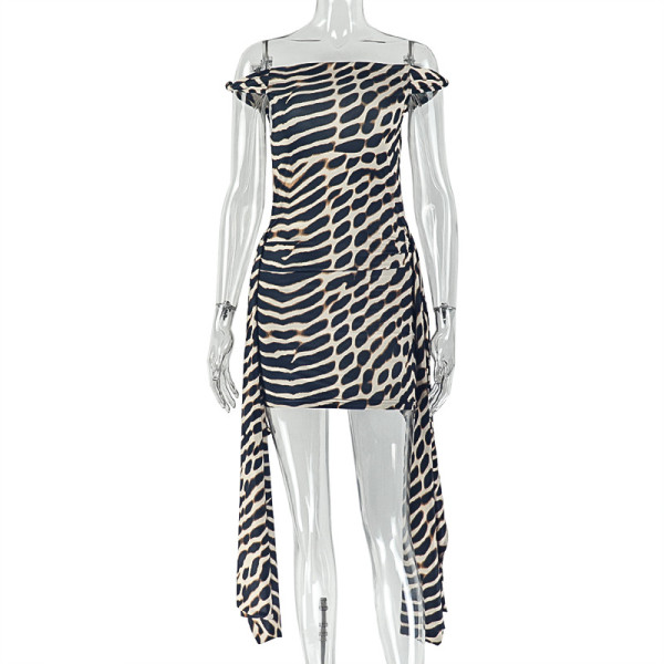 Leopard print strap wrapped hip skirt with slanted collar and sleeveless short dress