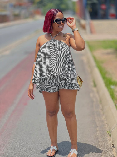 Hanging neck loose sleeveless striped suit
